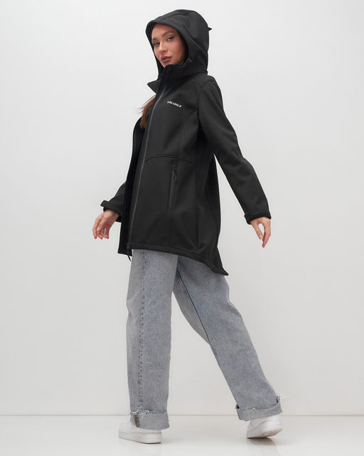 Парка спортивная женская с капюшоном softshell черного цвета 9568Ch