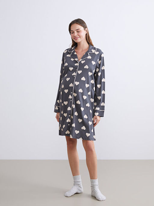 G?mlek Yaka Kalp Desenli Hamile Gecelik