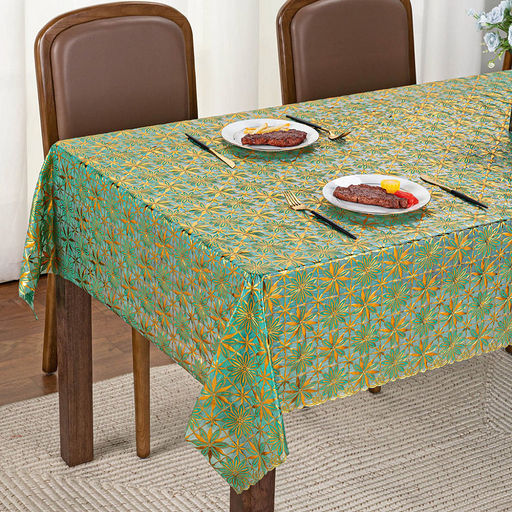 LACE Клеенка столовая ажурная ПВХ 1,37х20м Хризантемы зеленый фон, с золотом, матовая, на пленке (Китай) Цена указана за 1 м/п. В рулоне 20м. - Домашняя мода фото 2