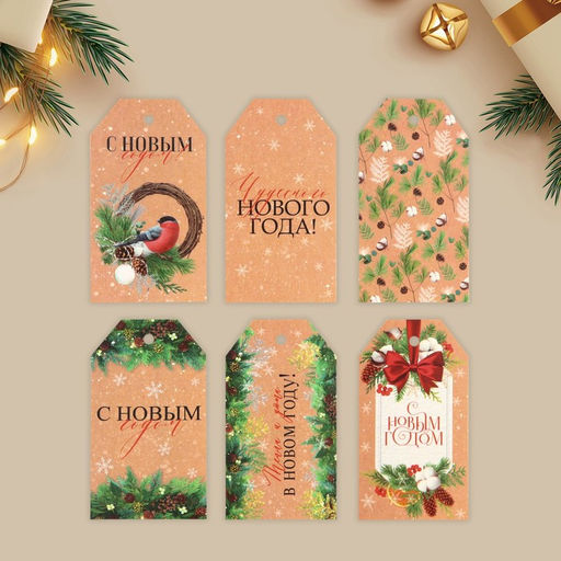 Цена за 4 шт. Шильдик новогодний декоративный в наборе «Время чудес», 6 шт., 9×5 см