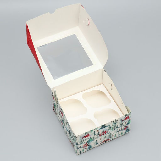 Цена за 5 шт. Коробка складная на 4 капкейка с окном «С Новым годом!», 16×16×10 см