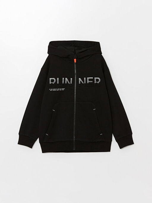 Kap??onlu Bask?l? Uzun Kollu Erkek ?ocuk Fermuarl? Sweatshirt