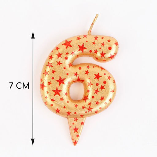 Цена за 2 шт. Свеча в торт «Саната», цифра 6, золотая с красными звездами, 5.5 см