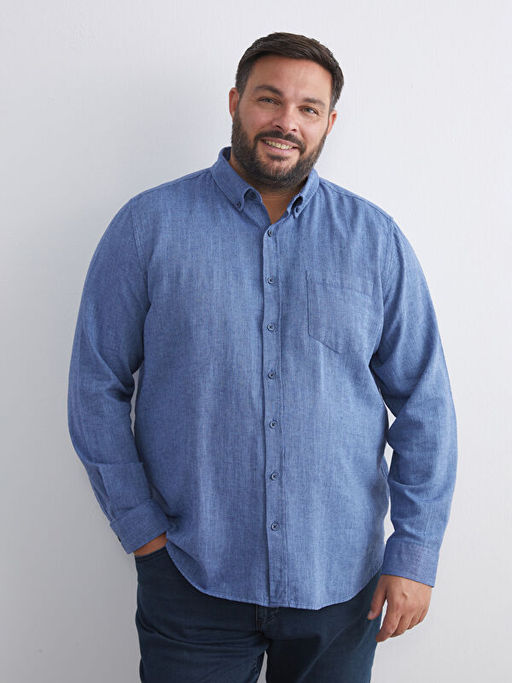 Regular Fit Uzun Kollu Keten Kar???ml? Erkek G?mlek