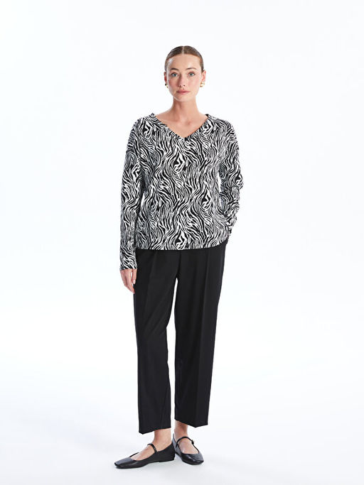 V Yaka Desenli Uzun Kollu Kad?n Bluz