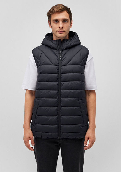 Kapusonlu Siyah Sisme Yelek - Mavi фото 3