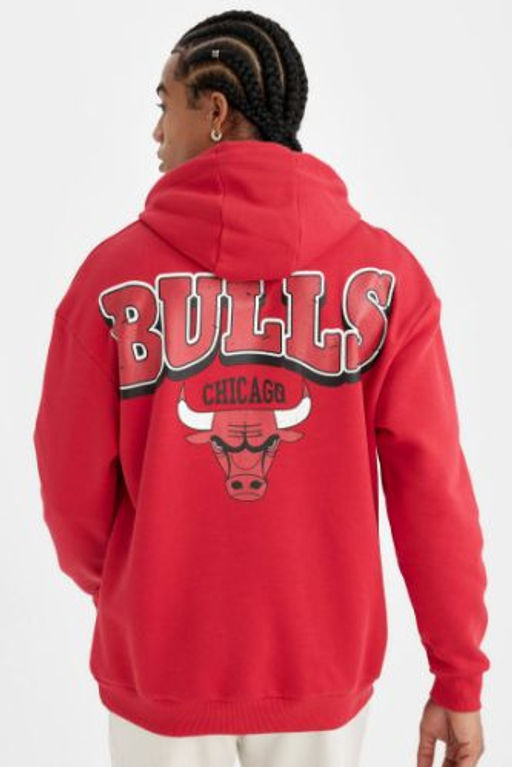 DeFactoFit K?rm?z? NBA Chicago Bulls Oversize Genis Kal?p Kapusonlu S?rt Bask?l? Sweatshirt