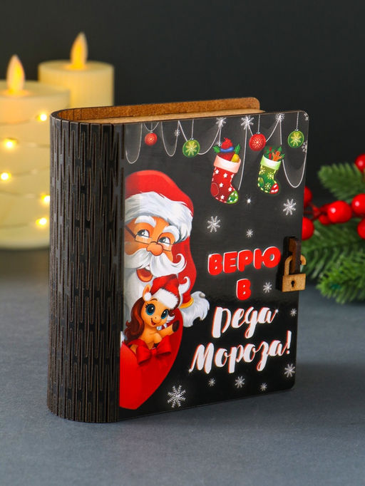 Новогодняя копилка-книга для денег «Верю в Деда Мороза», купюр, монет, 14×12×5 см