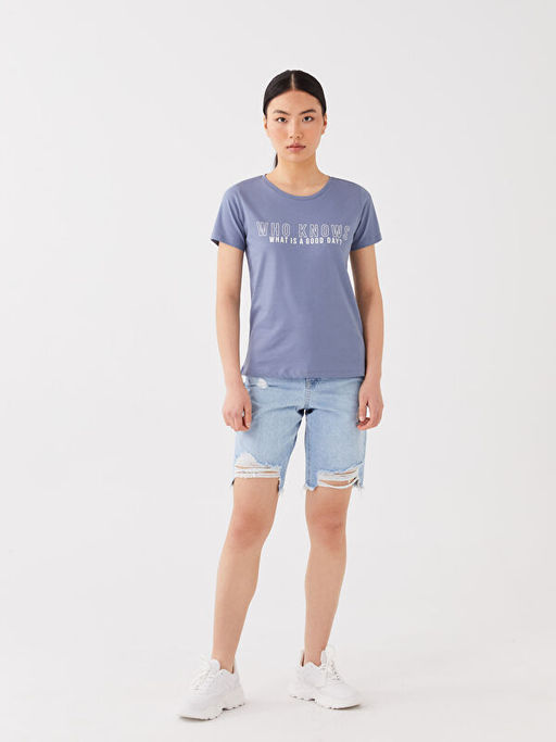 Bisiklet Yaka Bask?l? K?sa Kollu Kad?n Ti??rt