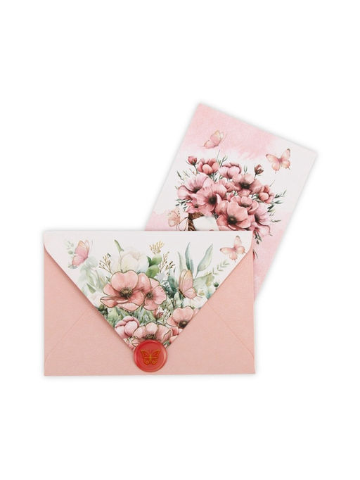 Цена за 5 шт. Конверт для денег с открыткой и наклейкой Нежные цветы, тиснение, акварельный картон, 16 х 11 см