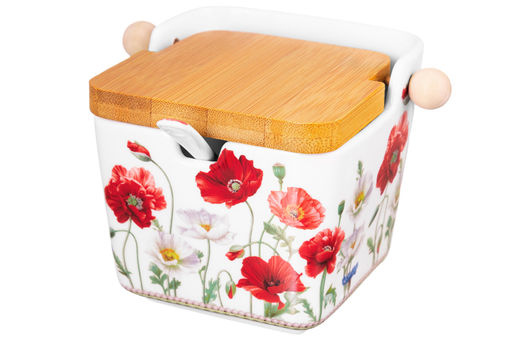 Банка для сыпучих продуктов 300 мл 12*9,5*9 см "Маки", с откидной бамбук.крышкой NEW BONE CHINA