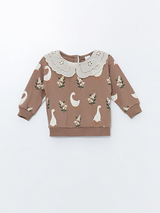 Bebe Yaka Uzun Kollu Bask?l? K?z Bebek Sweatshirt ve Tayt 2li Tak?m