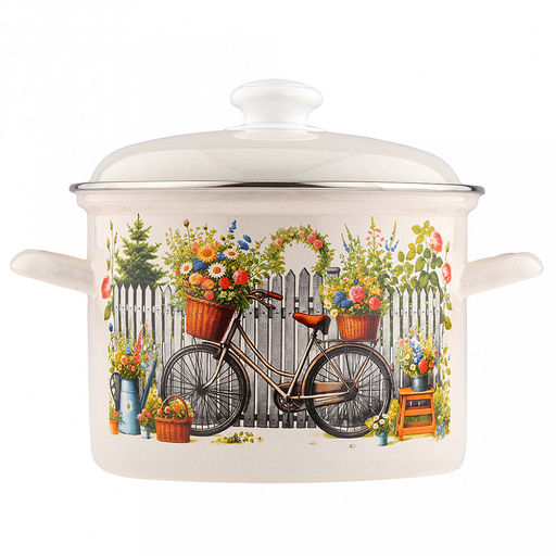 "Романтика" Кастрюля эмалированная 4,5л, форма цилиндрическая, металлическая крышка с пластмассовой ручкой-кнопкой, нержавеющий ободок (Россия)