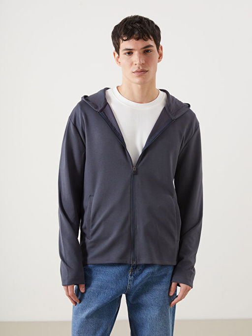 Kap??onlu Uzun Kollu Erkek Fermuarl? Sweatshirt