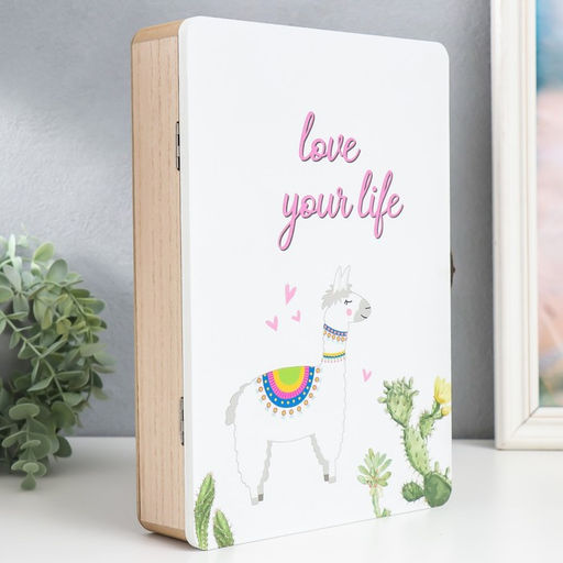 Ключница настенная Лама и кактусы, дерево, 6 крючков, панно декоративное, 20?5.5?29 см