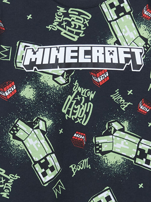 Bisiklet Yaka Minecraft Bask?l? Erkek ?ocuk Pijama Tak?m?