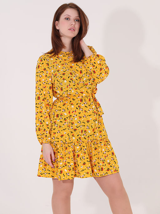 Платье желтое с цветочным принтом до колена - Almond фото 3