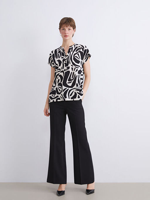 Ka??k Yaka Desenli Keten Kar???ml? Bluz