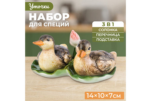 Набор для специй 3 пр. 40 мл 14*10*7 см "Уточки", солонка, перечница, подставка