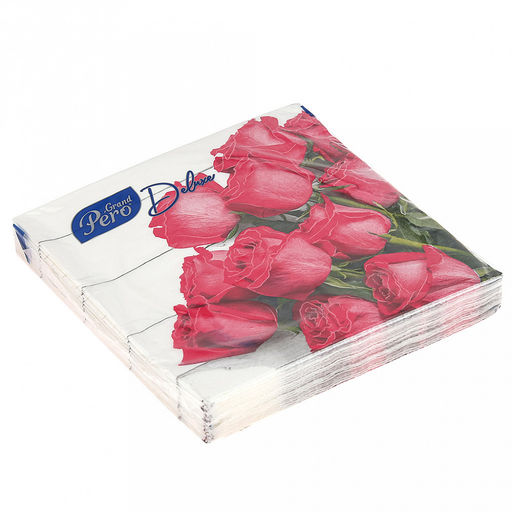 Салфетки бумажные 33х33см Grand Deluxe, 3-х слойные, 20 штук в упаковке, Розы (Россия)