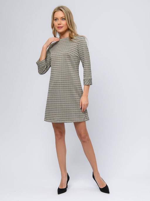 Платье бежевого цвета в клетку длины мини с рукавами 3/4 - 1001dress фото 2