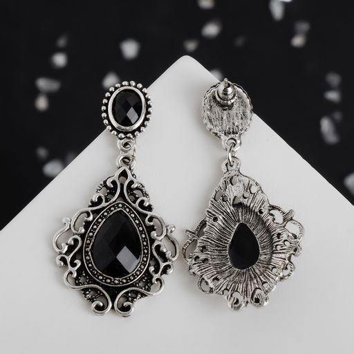 Серьги со стразами Изящность ажурная, чёрные в чернёном серебре - Qf фото 2