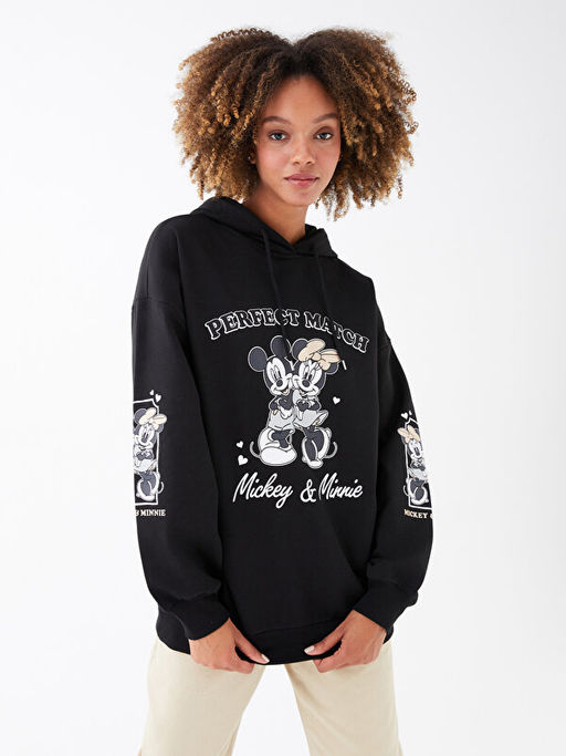 Mickey Mouse Bask?l? Uzun Kollu Oversize Kad?n Hoodie