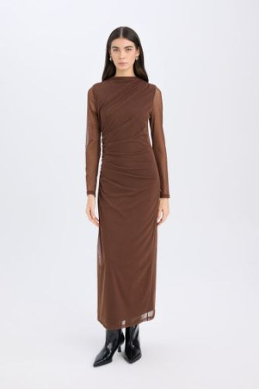 Bodycon Vucudu Saran Yar?m Bal?kc? Yaka Tul Uzun Kollu Maxi Elbise