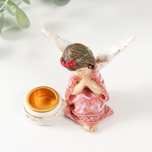 Подсвечник на 1 свечу Ангел в платье с венком, полистоун, d=2.2 см, 7.2?8.7?5.5 см, МИКС