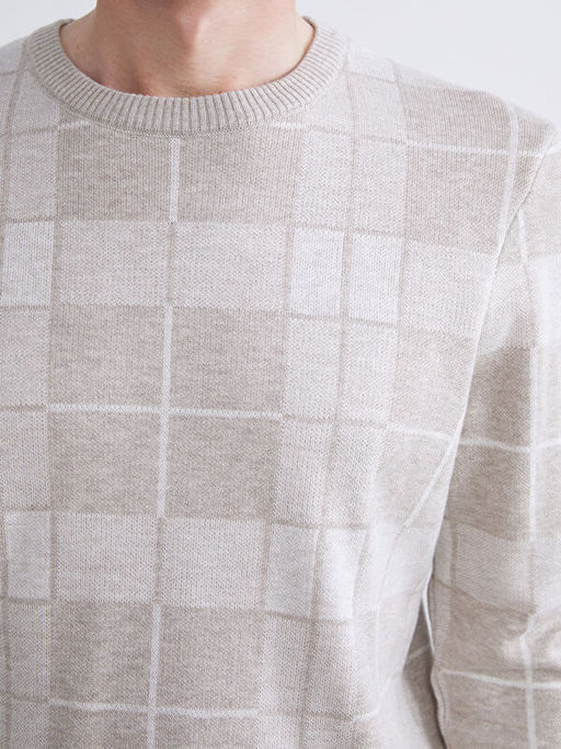 B?y?k Beden Bisiklet Yaka Uzun Kollu Ekose Erkek Triko Kazak