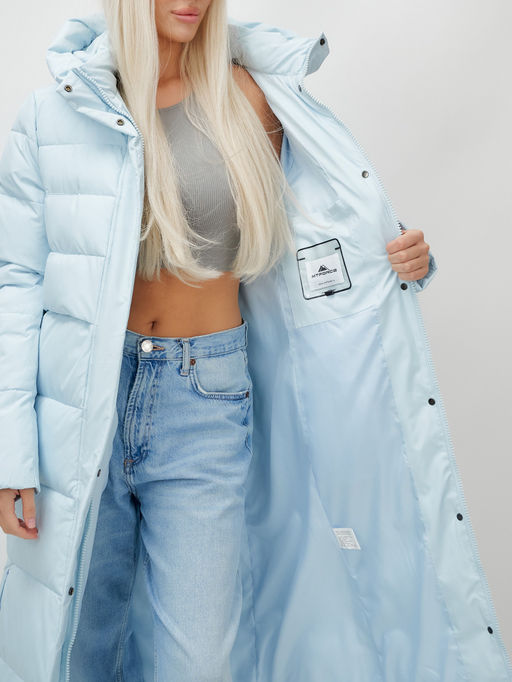 Пальто утепленное стеганное зимнее с капюшоном женское голубого цвета 9620Gl - Mtforce фото 16
