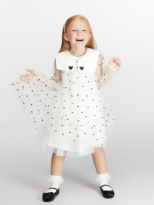 T?ll? Kalp Bask?l? K?z ?ocuk Elbise