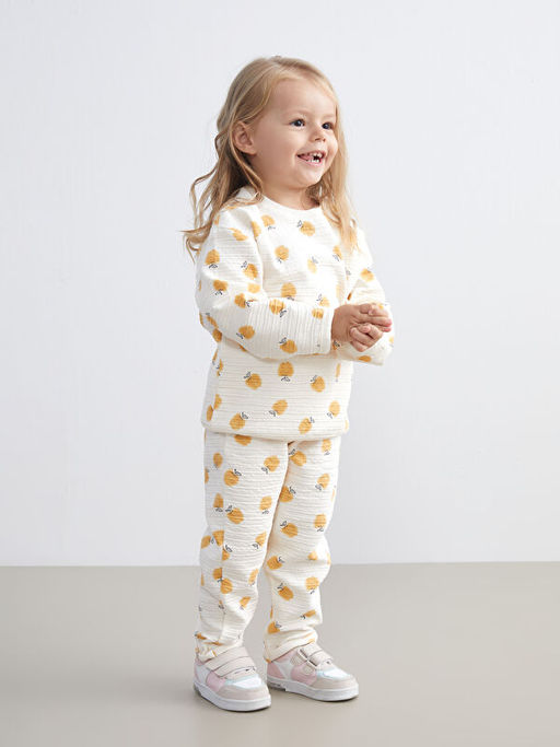 Bisiklet Yaka Bask?l? K?z Bebek Sweatshirt ve Tayt 2li