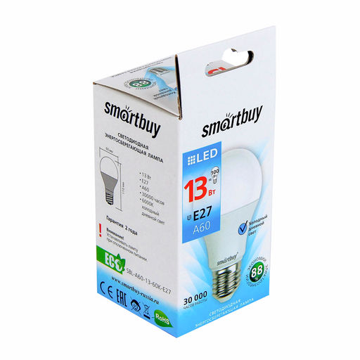 Цена за 2 шт. Лампа светодиодная Smartbuy, E27, A60, 13 Вт, 6000К, свечение холодное белое