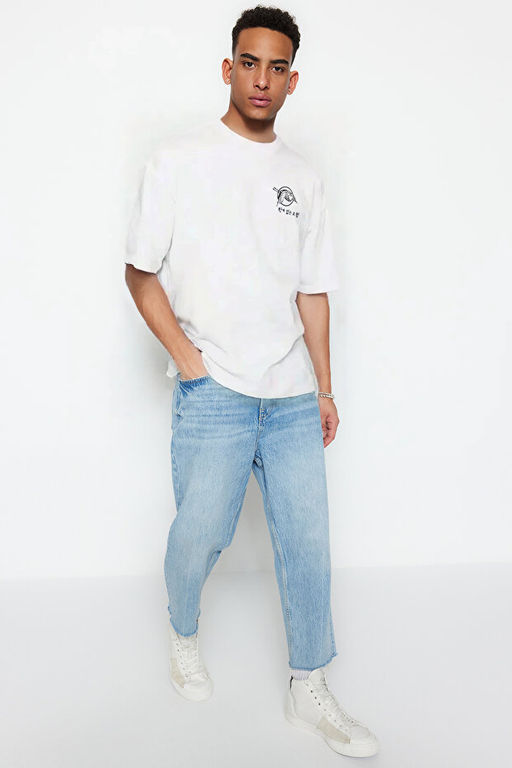 Ekru Oversize/Geni_ Kesim Uzak Do_u Bask_l_ K_sa Kol %100 T-Shirt TMNSS23TS00170 - Trendyolmilla фото 2