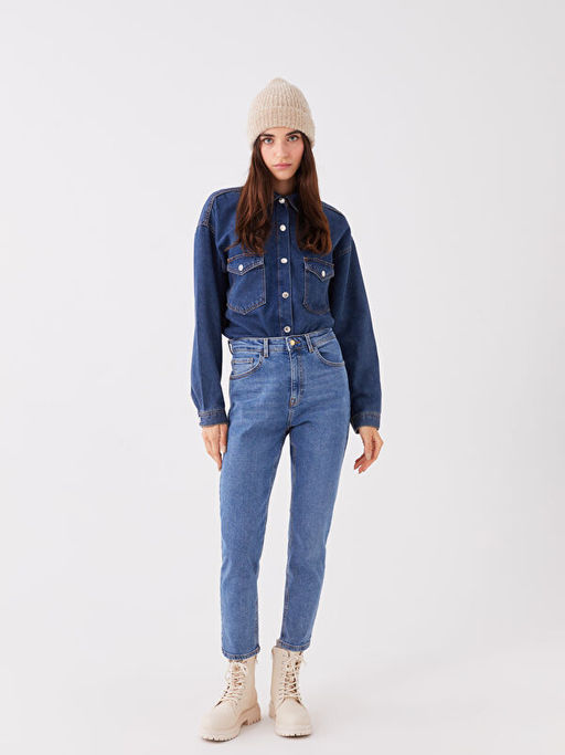 Y?ksek Bel Slim Mom Kad?n Jean Pantolon