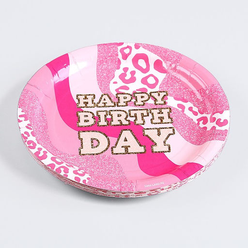 Цена за 10 шт. Тарелка бумажная Happy Birthday, фуксия, 18 см - Страна карнавалия фото 3