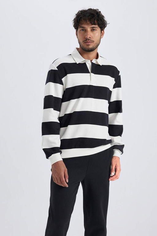 Толстовка в полоску Modern Fit с воротником-поло - Defacto фото 5