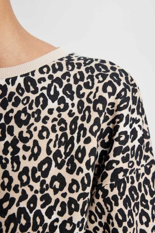 Толстый свитшот свободного кроя с круглым вырезом и леопардовым узором - Defacto фото 5