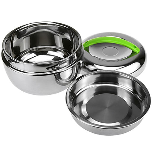 Ланч-бокс из нержавеющей стали 1,3л, д16,5см h11см, 1 вставка: 500мл д15,5см h3см, пластмассовая ручка, корпус из нержавеющей стали, цветная коробка (Китай) - Домашняя мода фото 2