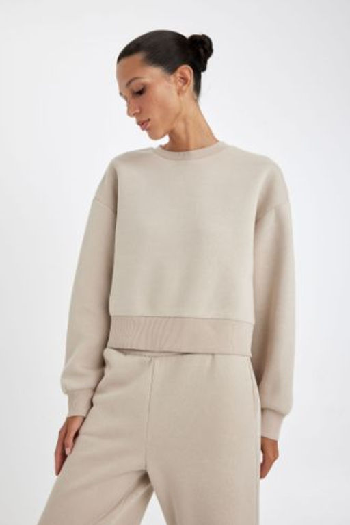 Boxy Fit Bisiklet Yaka Kal?n Basic Duz Sweatshirt