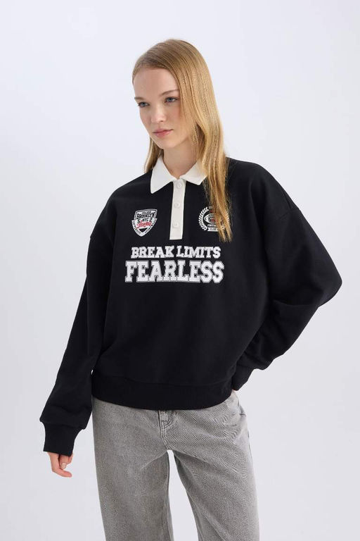 Женская черная классная толстовка большого размера с широким кроем и воротником-поло с застежкой на пуговицы и принтом - Defacto фото 7