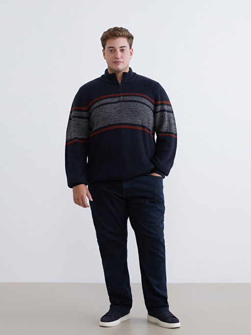 Dik Yaka ?izgili Erkek Triko Kazak