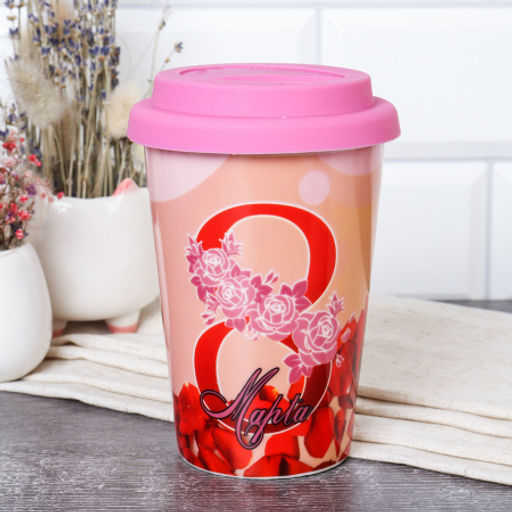 Стакан 440 мл керамика с силиконовой крышкой 8 марта / A932 /уп 72/ Персиковый - Галеонтрейд фото 2