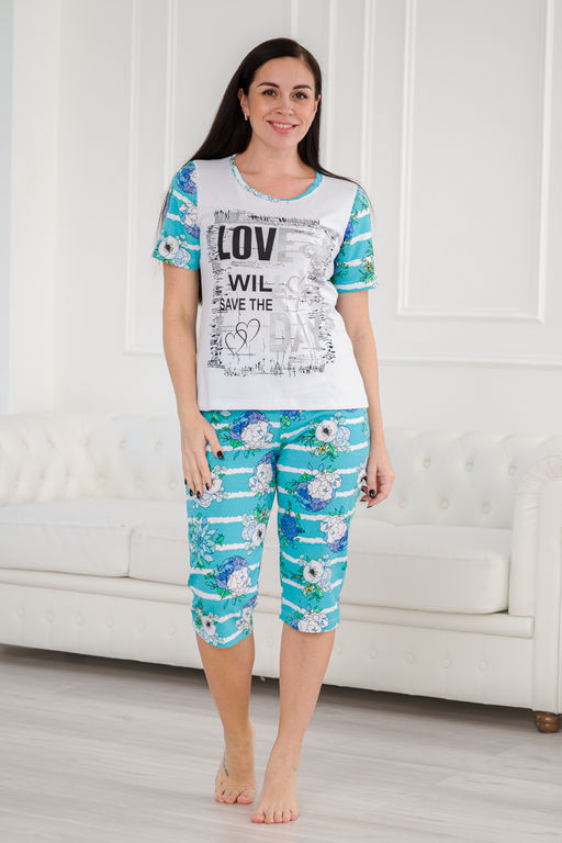 Пижама женская домашний из футболки и бридж LOVE маки на ментоле - Амадэль фото 3