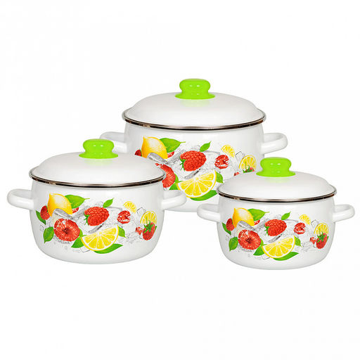 Набор эмалированных кастрюль "Лимон" 3 предмета: 2л - д20см, h9см, 3л - д22см, h10см, 4л - д24см, h11см, цилиндрическая форма, металлическая крышка, белый (Россия)