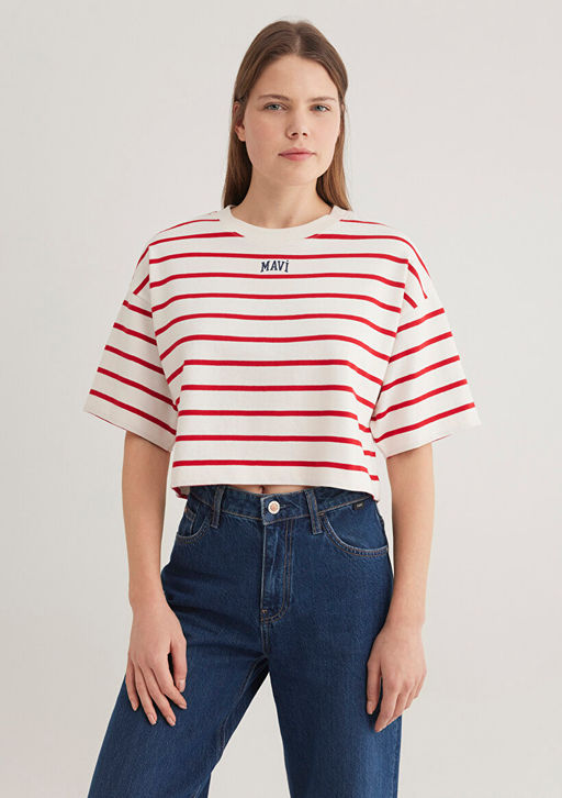 Mavi Logo Bask?l? K?rm?z? Cizgili Crop Tisort  фото 4