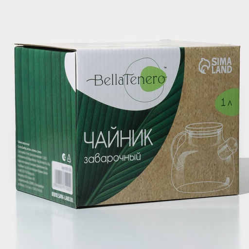 Заварочный чайник BellaTenero Эко, 1 л, с бамбуковой крышкой, металлический фильтр, стекло