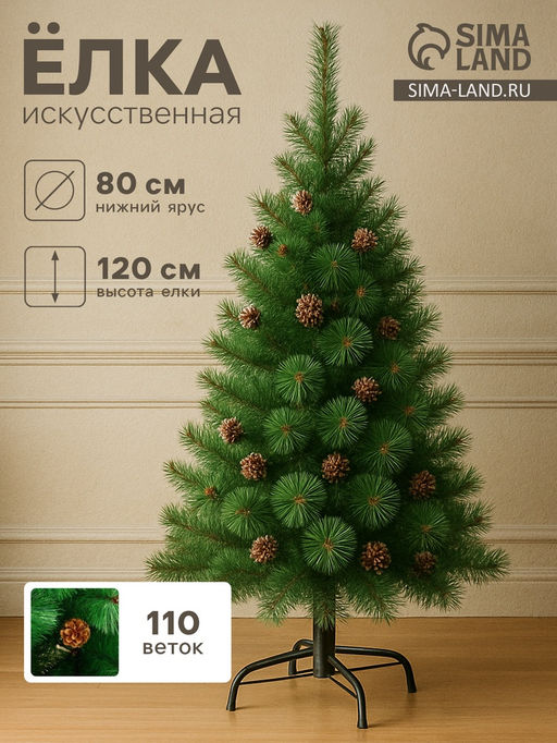 Искусственная ёлка Зимнее волшебство. Кедр зелёный, 120 см, d иголок 10 см, d нижнего яруса 80 см, 110 веток отгибаются