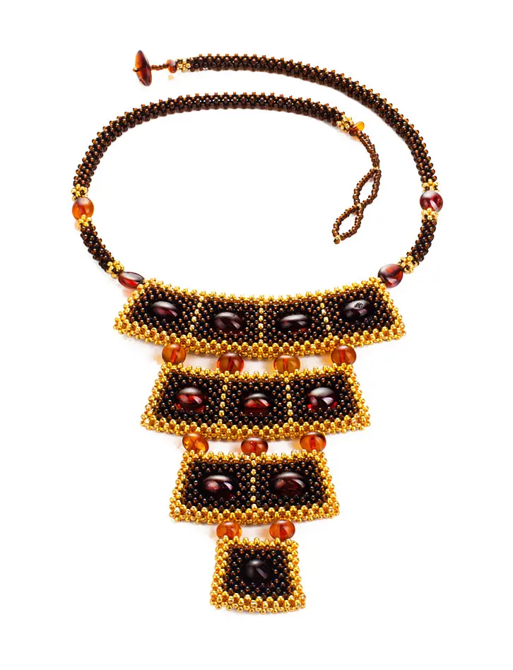 Стильное колье из бисера и янтаря Лукоморье в тёмном оттенке - Амберхолл фото 5